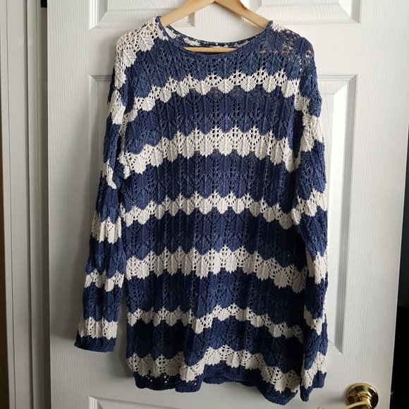 Crochet Blue & White Zig Zag Pattern Sweater - Picture 1 of 8
